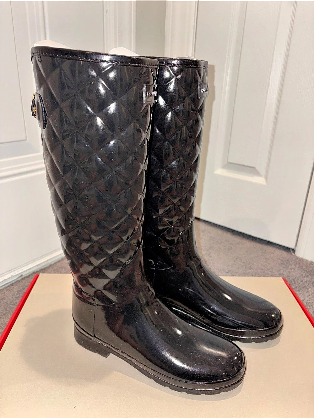 Hunter Refined Gloss Quilt Tall Rain Boots Black US 7